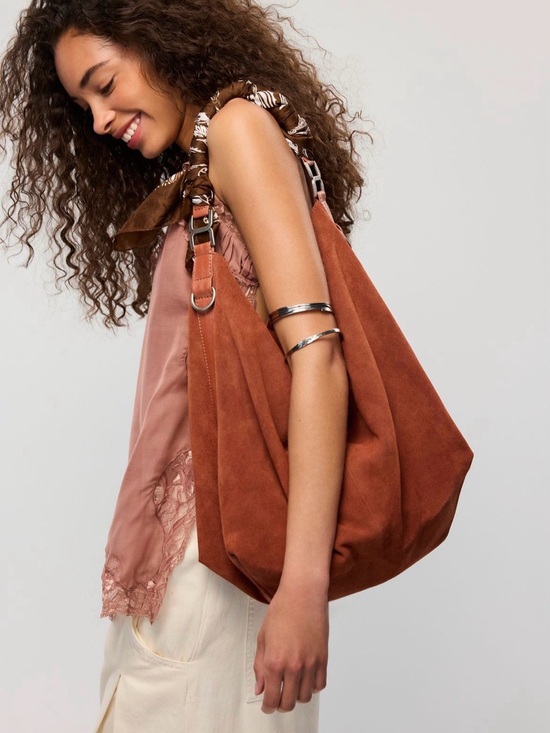 Free People Handbags - Free People Suzie Suede Slouchy Tote Bag in Between Brown with Wallet/Charm